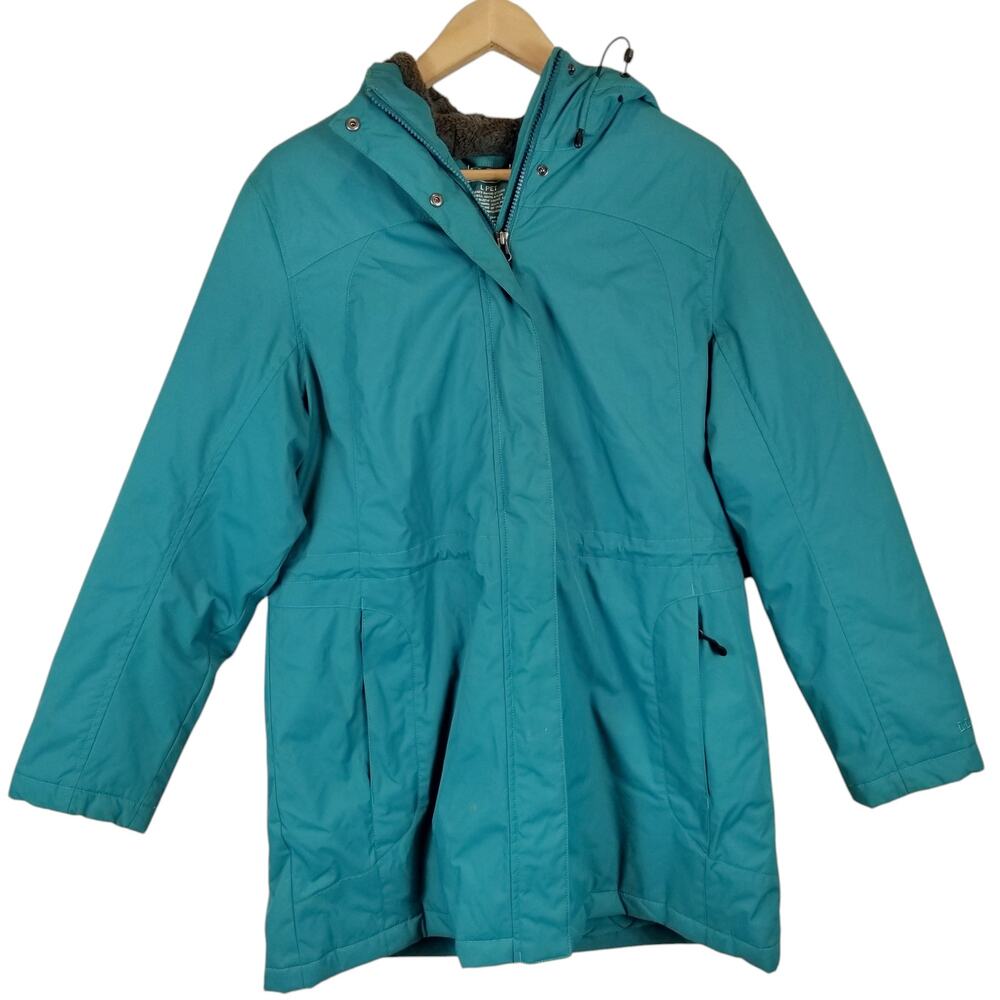 L.L. Bean Women's Turquoise Blue Hooded Zip Front Mid Length Coat Jacket Size LP